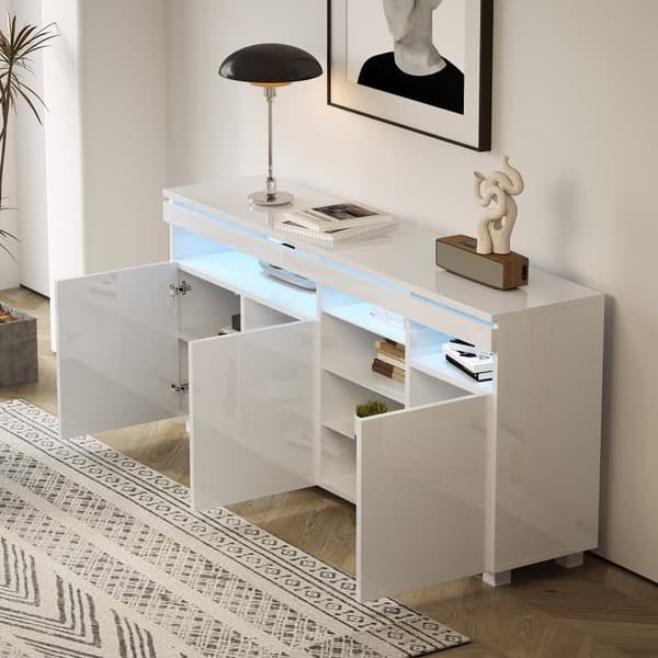 Moderne skænk med LED - 3 låger og 5 åbne rum - hvid