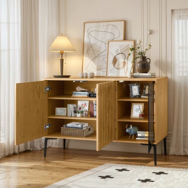 MDF skænk med LED - 2 låger og 3 åbne rum - Natural
