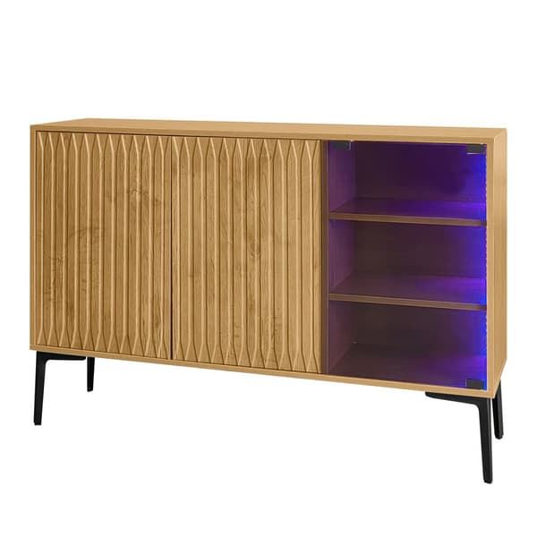 MDF skænk med LED - 2 låger og 3 åbne rum - Natural