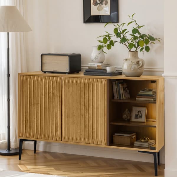 MDF skænk med LED - 2 låger og 3 åbne rum - Natural