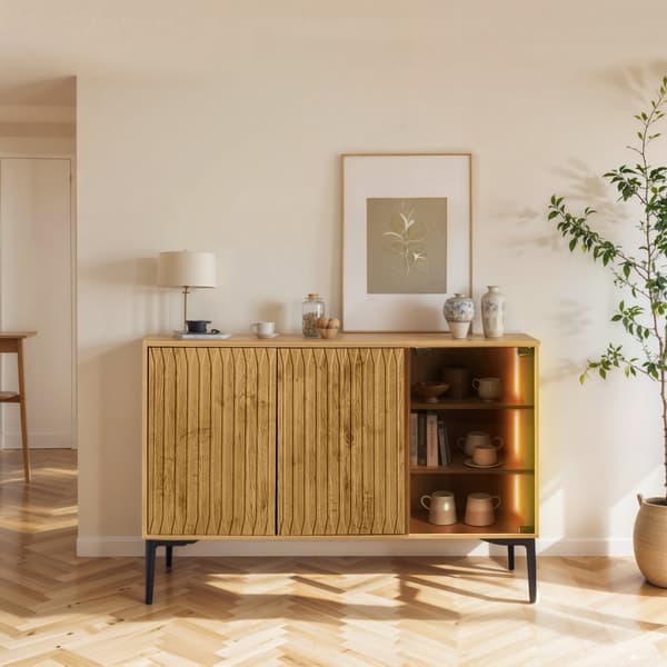 MDF-senkki LEDillä - 2 ovea ja 3 avointa lokeroa - Luonnollinen