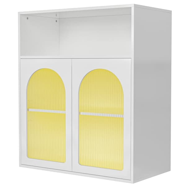 Sideboard med LED - 2 glasdörrar och öppna fack - Vit