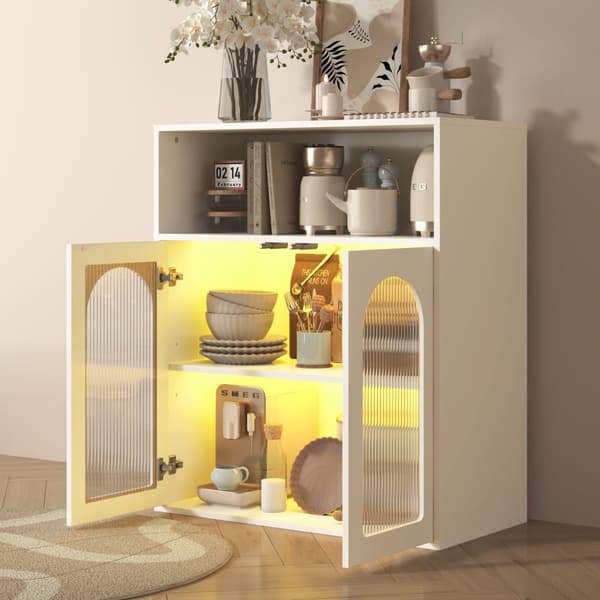 Sideboard med LED - 2 glasdörrar och öppna fack - Vit