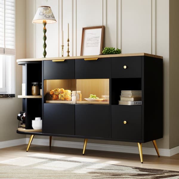 Skænk med LED og multifunktionel opbevaringsplads - lavet af MDF - moderne stil - sort
