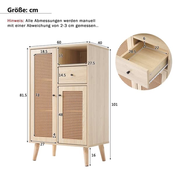 Hög skänk - 2 rottingdörrar och 1 låda - Lantlig stil - Naturell