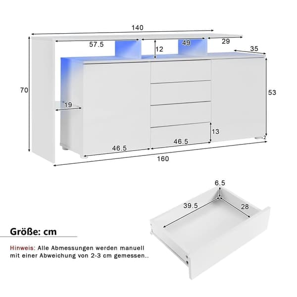 Låg skänk med LED-belysning - 4 lådor och 2 dörrar - Vit