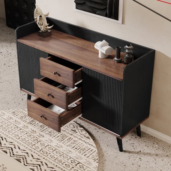 Låg skänk med 3 lådor och 2 dörrar - modern stil - svart och natur