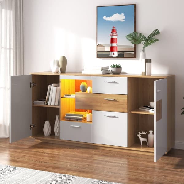 Matala senkki LED-johdolla - 2 ovea ja 4 laatikkoa - moderni tyyli - valkoinen ja luonnollinen