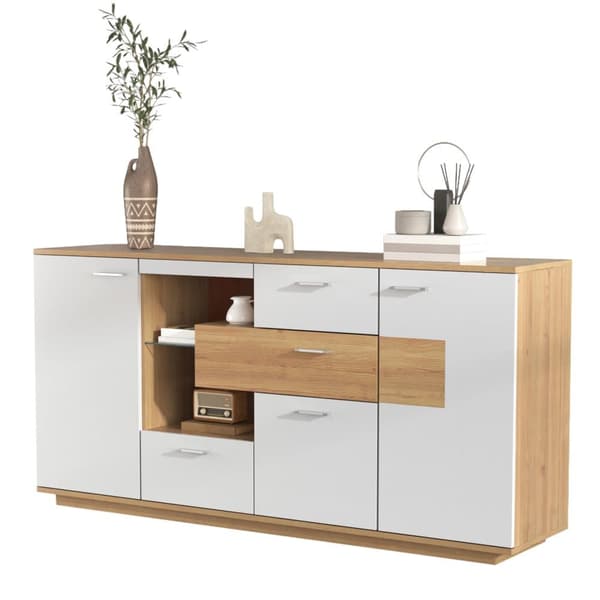 Matala senkki LED-johdolla - 2 ovea ja 4 laatikkoa - moderni tyyli - valkoinen ja luonnollinen