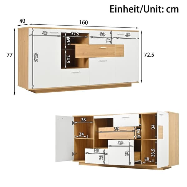 Matala senkki LED-johdolla - 2 ovea ja 4 laatikkoa - moderni tyyli - valkoinen ja luonnollinen