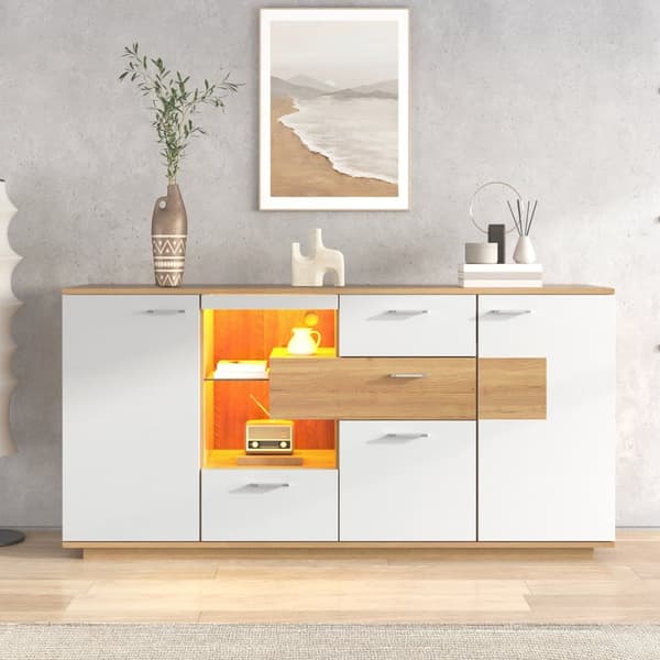 Matala senkki LED-johdolla - 2 ovea ja 4 laatikkoa - moderni tyyli - valkoinen ja luonnollinen