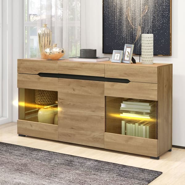 Låg skänk med LED - 3 dörrar och 3 lådor - Naturell