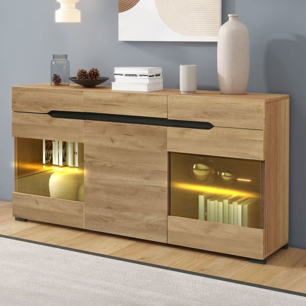 Låg skänk med LED - 3 dörrar och 3 lådor - Naturell