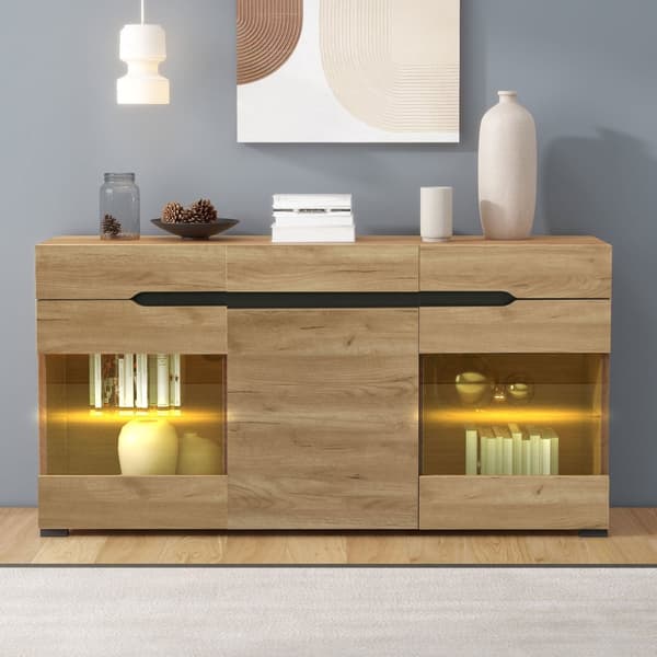 Låg skänk med LED - 3 dörrar och 3 lådor - Naturell