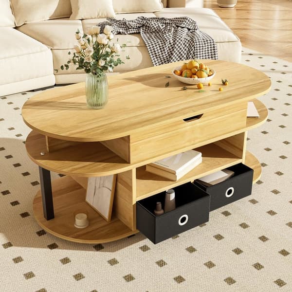Moderne sofabord 105x50x60 cm - Højdejusteringsfunktion - 2 skuffer - Flere opbevaringsrum - Natur + Sort