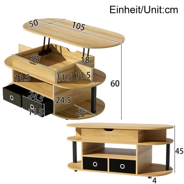Moderne sofabord 105x50x60 cm - Højdejusteringsfunktion - 2 skuffer - Flere opbevaringsrum - Natur + Sort