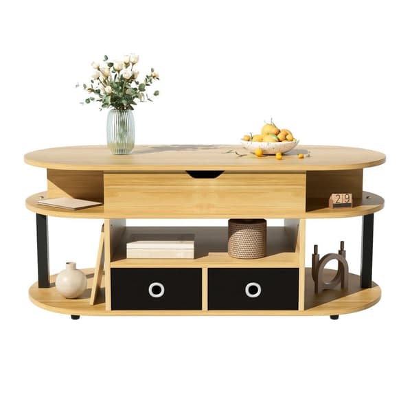 Moderne sofabord 105x50x60 cm - Højdejusteringsfunktion - 2 skuffer - Flere opbevaringsrum - Natur + Sort