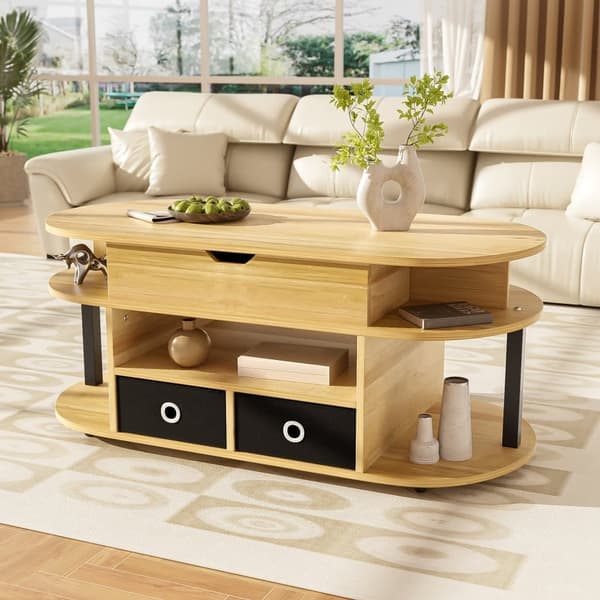 Moderne sofabord 105x50x60 cm - Højdejusteringsfunktion - 2 skuffer - Flere opbevaringsrum - Natur + Sort