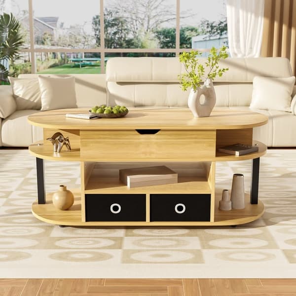 Moderne sofabord 105x50x60 cm - Højdejusteringsfunktion - 2 skuffer - Flere opbevaringsrum - Natur + Sort