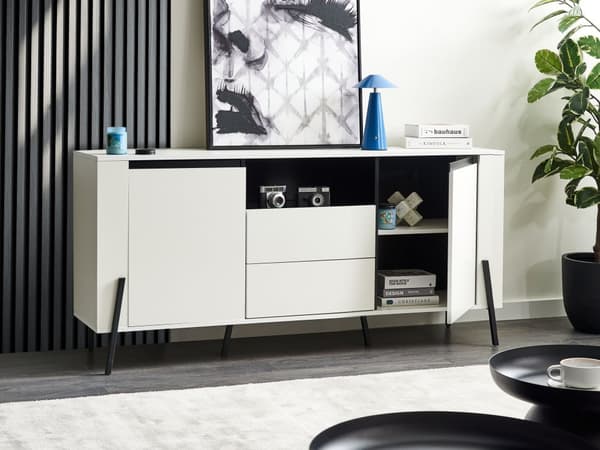 Skjenk Hvit Treverk 3 skuffer Metallben Industrielt Design Moderne Stil