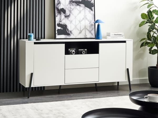Skænk Hvid Sorte Ben 2 Skabe 3 Skuffer Metalben Industrielt Moderne Design