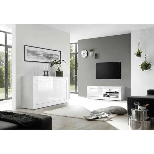 BASICO skänk - Blanklackad vit dekor - 3 Dörrar - L160 x D42 x H85,8 cm