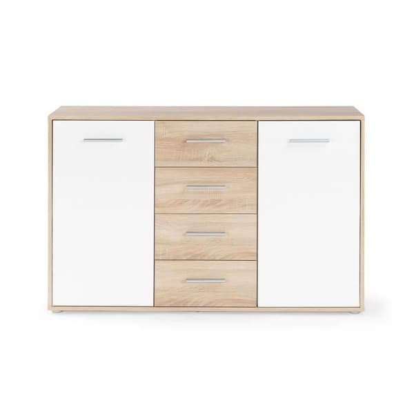 PILVI låg skänk - 2 dörrar och 4 lådor - Vit och Sonoma ek - L 122,6 x D 34,2 x H 81,1 cm