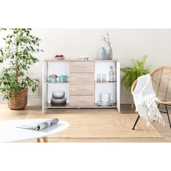 PILVI låg skänk - 2 dörrar och 4 lådor - Vit och Sonoma ek - L 122,6 x D 34,2 x H 81,1 cm