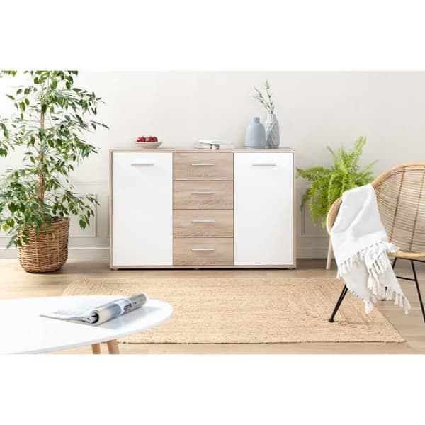 PILVI låg skänk - 2 dörrar och 4 lådor - Vit och Sonoma ek - L 122,6 x D 34,2 x H 81,1 cm