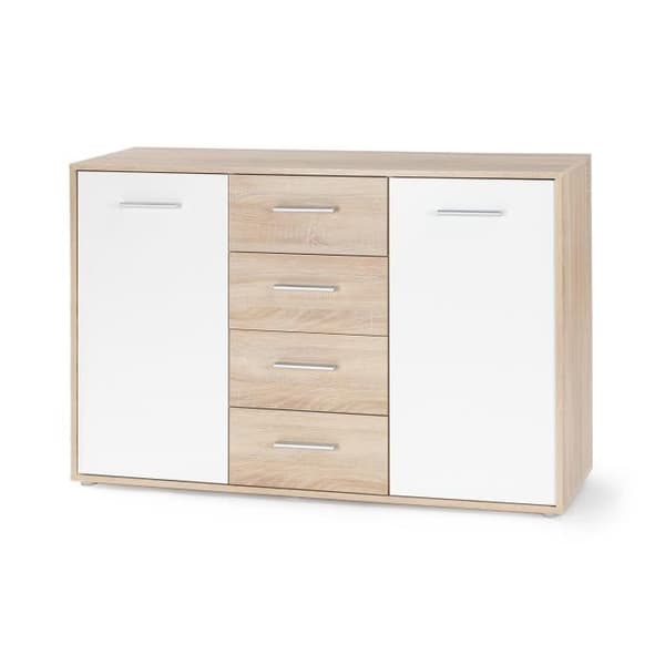 PILVI låg skänk - 2 dörrar och 4 lådor - Vit och Sonoma ek - L 122,6 x D 34,2 x H 81,1 cm