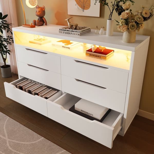 Modern buffé med LED - med 6 lådor - Vit