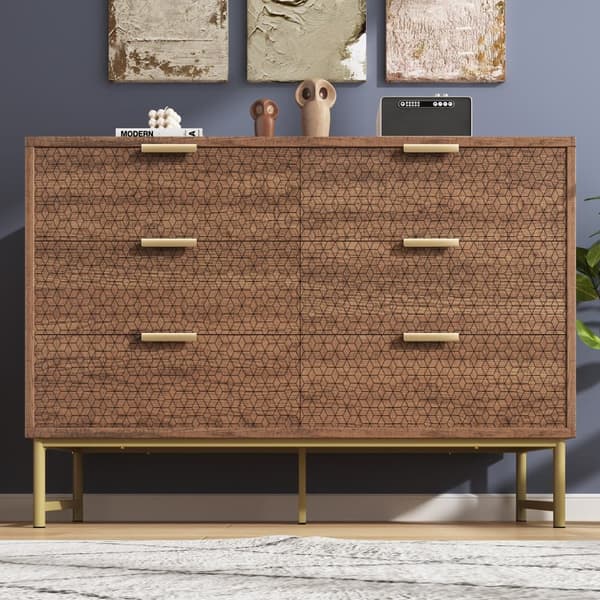Senkki, 6 laatikkoa pähkinäpuusta – Kohokuvioitu lipasto, jossa metallikahvat, kaatumisenestopinta ja kuvioitu pinta, 120×40×75 cm