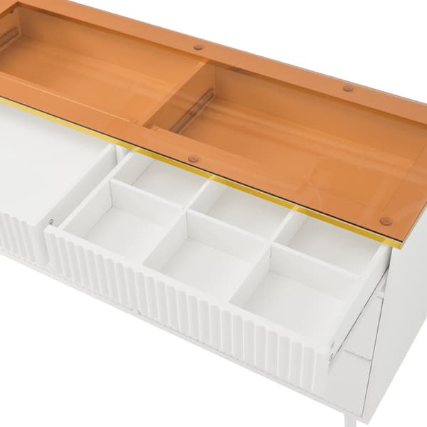 Valkoinen senkki 120x40x76 cm, keltainen lasi – Allaskaappi, jossa 6 laatikkoa ja lokeroa, kaatumissuoja