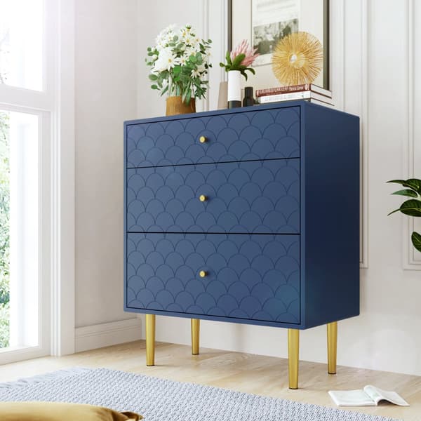 Byrå med 3 lådor i marinblå – Hög kommod/Sideboard för sovrum & vardagsrum – 89x75x40 cm