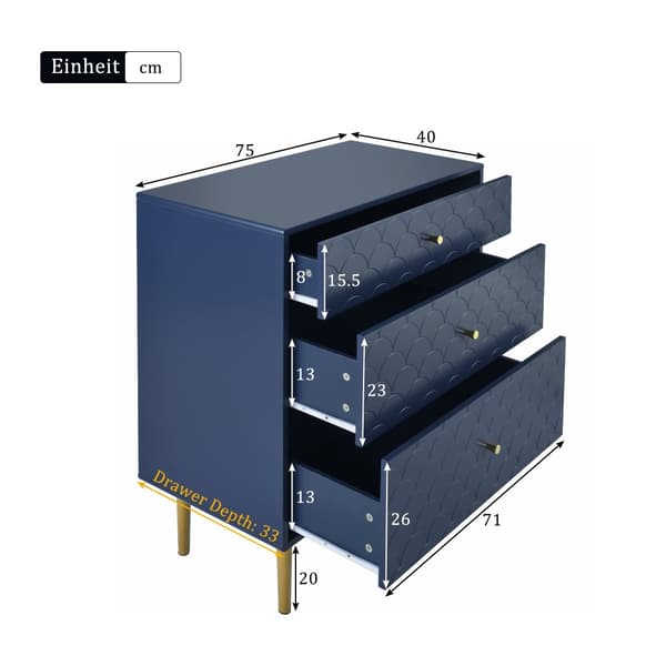 Byrå med 3 lådor i marinblå – Hög kommod/Sideboard för sovrum & vardagsrum – 89x75x40 cm