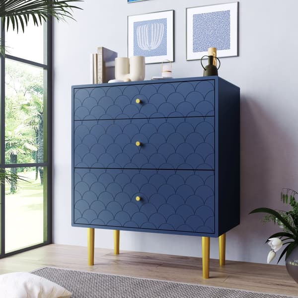 Byrå med 3 lådor i marinblå – Hög kommod/Sideboard för sovrum & vardagsrum – 89x75x40 cm