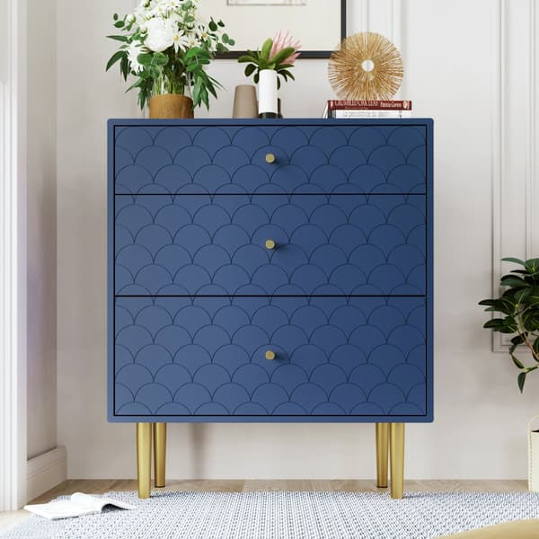Byrå med 3 lådor i marinblå – Hög kommod/Sideboard för sovrum & vardagsrum – 89x75x40 cm