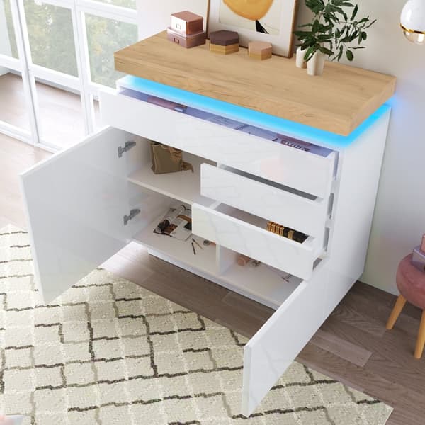 Vit högblank skänk med LED-belysning (Appstyrd) – 2 dörrar & 3 lådor, för vardagsrum/sovrum – 115x110x39 cm