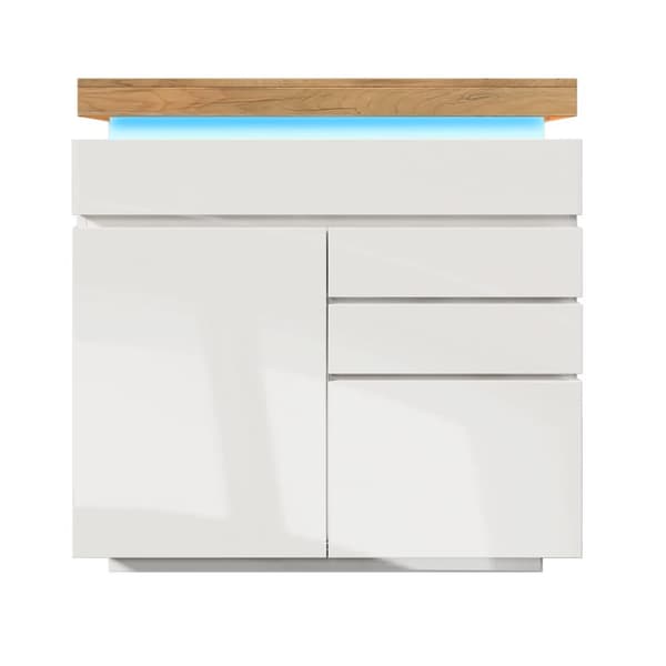 Vit högblank skänk med LED-belysning (Appstyrd) – 2 dörrar & 3 lådor, för vardagsrum/sovrum – 115x110x39 cm
