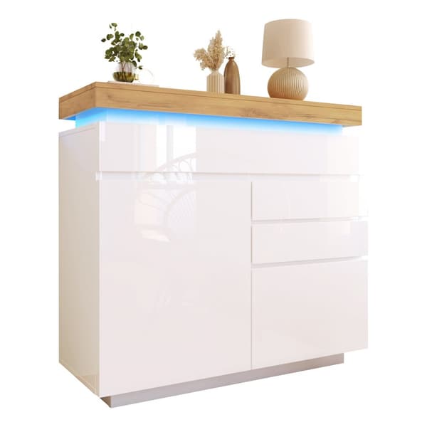 Vit högblank skänk med LED-belysning (Appstyrd) – 2 dörrar & 3 lådor, för vardagsrum/sovrum – 115x110x39 cm