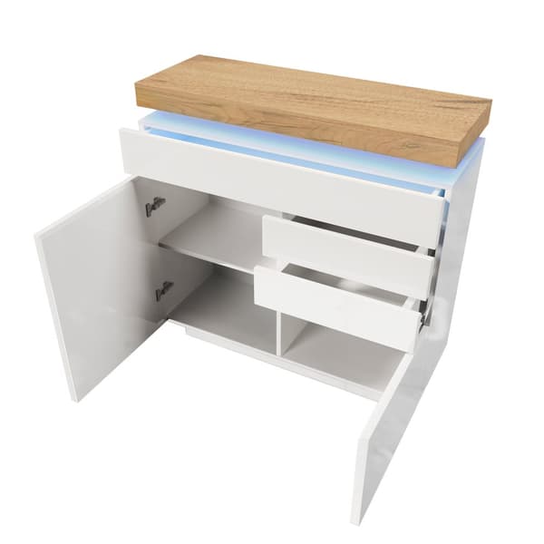 Vit högblank skänk med LED-belysning (Appstyrd) – 2 dörrar & 3 lådor, för vardagsrum/sovrum – 115x110x39 cm