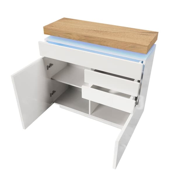 Vit högblank skänk med LED-belysning (Appstyrd) – 2 dörrar & 3 lådor, för vardagsrum/sovrum – 115x110x39 cm