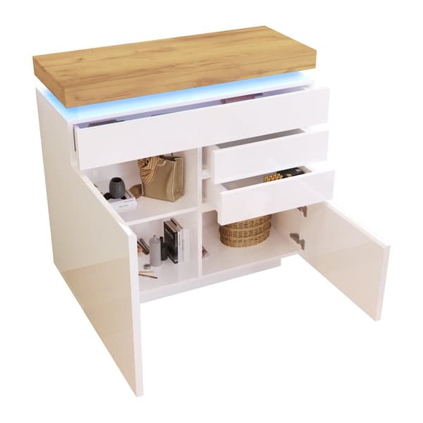 Vit högblank skänk med LED-belysning (Appstyrd) – 2 dörrar & 3 lådor, för vardagsrum/sovrum – 115x110x39 cm