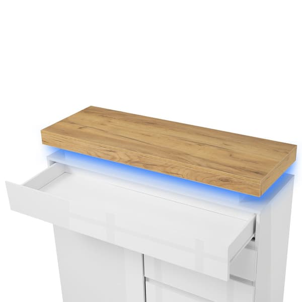 Vit högblank skänk med LED-belysning (Appstyrd) – 2 dörrar & 3 lådor, för vardagsrum/sovrum – 115x110x39 cm
