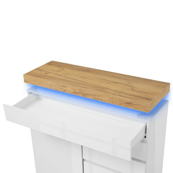 Vit högblank skänk med LED-belysning (Appstyrd) – 2 dörrar & 3 lådor, för vardagsrum/sovrum – 115x110x39 cm