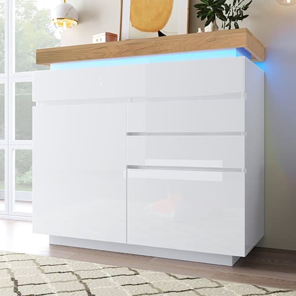 Vit högblank skänk med LED-belysning (Appstyrd) – 2 dörrar & 3 lådor, för vardagsrum/sovrum – 115x110x39 cm