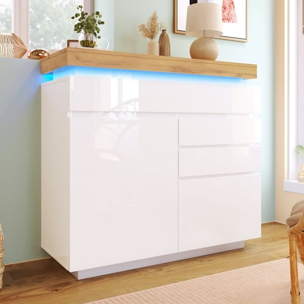 Vit högblank skänk med LED-belysning (Appstyrd) – 2 dörrar & 3 lådor, för vardagsrum/sovrum – 115x110x39 cm