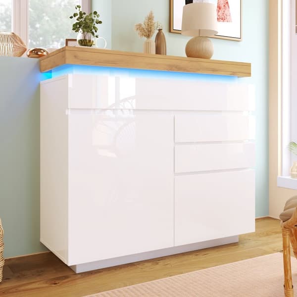 Vit högblank skänk med LED-belysning (Appstyrd) – 2 dörrar & 3 lådor, för vardagsrum/sovrum – 115x110x39 cm