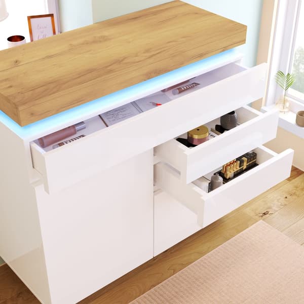 Vit högblank skänk med LED-belysning (Appstyrd) – 2 dörrar & 3 lådor, för vardagsrum/sovrum – 115x110x39 cm