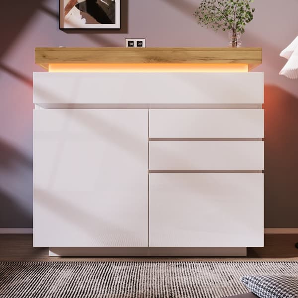Vit högblank skänk med LED-belysning (Appstyrd) – 2 dörrar & 3 lådor, för vardagsrum/sovrum – 115x110x39 cm